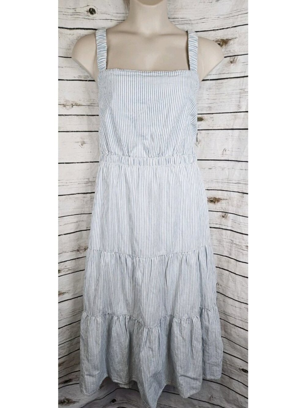 Lucky Brand Blue Striped Midi Tiered Dress XXL Cottage  Open Back Cotton Linen